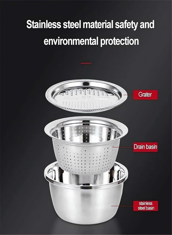 Shrux Kitchen Multifunctional Stainless Steel 3 in 1 Colanders Basin Grater Strainer & Drain Basket,Salad Maker Bowl Vegetable Fruits Washing Strainer,Stainless Steel Kitchen Grater with Basin Set - Image 3